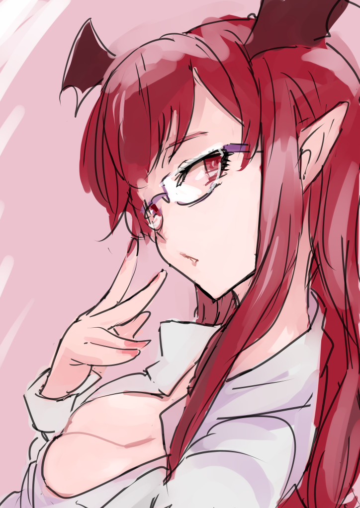 1girl bespectacled breasts cleavage from_above glasses hand_up head_wings koakuma large_breasts long_hair looking_at_viewer nail_polish pink_background pointy_ears red_eyes red_hair red_nails semi-rimless_eyewear shirt sidelocks simple_background sinzan solo touhou wings