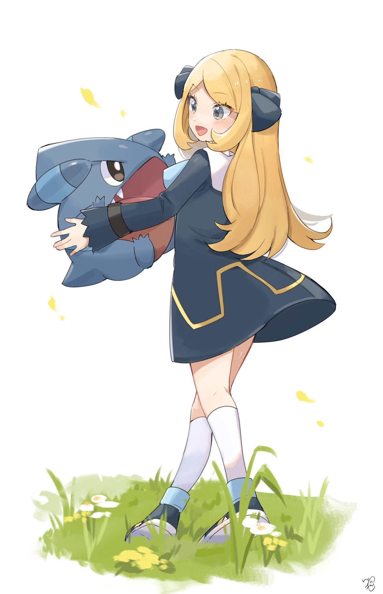 1girl :d aged_down black_dress black_footwear black_ribbon blonde_hair commentary_request cynthia_(pokemon) dress eyelashes gible grass grey_eyes hair_ribbon highres holding holding_pokemon long_hair long_sleeves open_mouth pokemon pokemon_(anime) pokemon_(creature) pokemon_journeys ribbon ririmon shoes smile socks standing tongue white_background white_socks