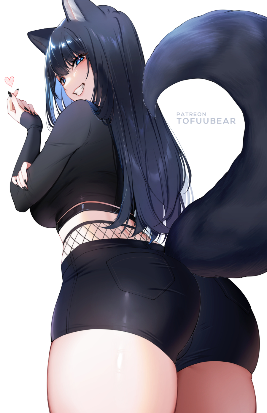 1girl animal_ears ass bangs black_hair black_nails blue_eyes blue_hair blush breasts colored_inner_hair commentary fox_ears fox_girl fox_tail highres large_breasts long_hair long_sleeves looking_at_viewer multicolored_hair nail_polish original patreon_username reiko_(tofuubear) shorts smile solo symbol-only_commentary tail teeth thighs tofuubear white_background