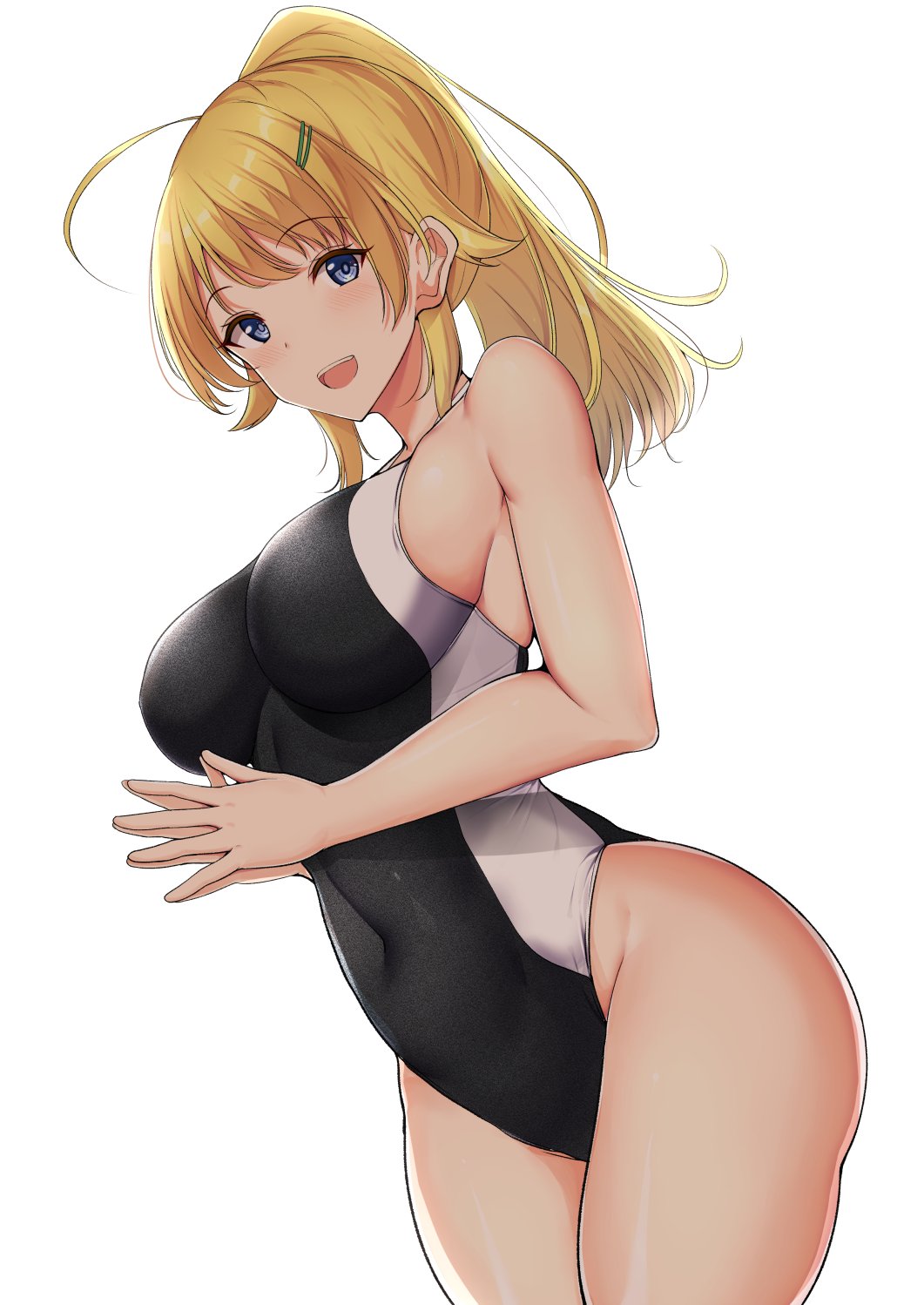 1girl ahoge black_one-piece_swimsuit blonde_hair blue_eyes breasts competition_swimsuit covered_navel cowboy_shot hachimiya_meguru highres idolmaster idolmaster_shiny_colors large_breasts noeomi one-piece_swimsuit ponytail simple_background solo swimsuit two-tone_swimsuit white_background