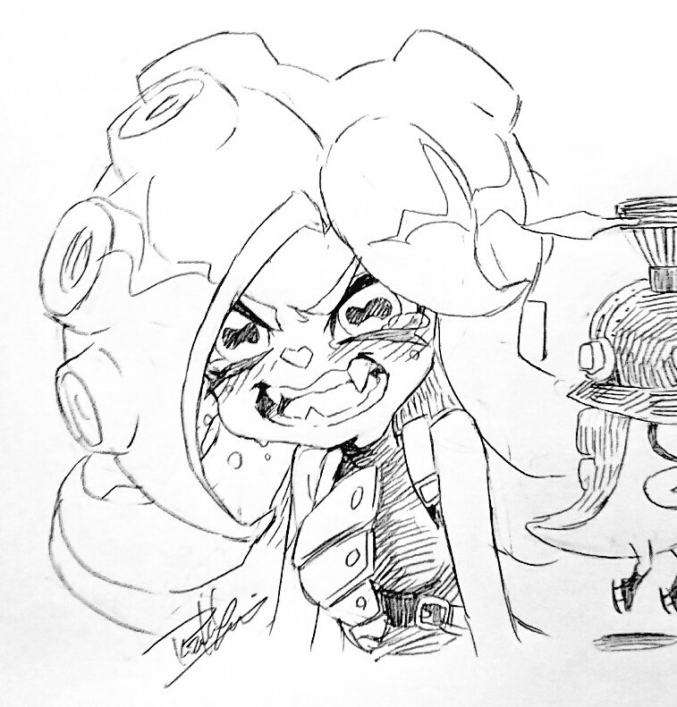 1girl bare_shoulders belt breasts cephalopod_eyes fangs horizontal_pupils isamu-ki_(yuuki) long_hair medium_breasts monochrome octarian octocopter open_mouth simple_background splatoon_(series) splatoon_2 suction_cups takozonesu tears teeth tentacle_hair traditional_media upset v-shaped_eyebrows wavy_mouth white_background