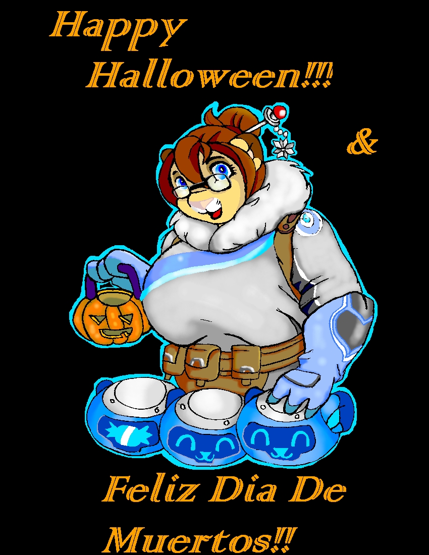 2017 accessory anthro big_breasts black_background blizzard_entertainment blue_eyes breasts brown_hair clothed clothing cosplay danellz day_of_the_dead digital_media_(artwork) english_text eyewear felid female food fruit glasses group hair hair_accessory hairpin halloween holidays huge_breasts jack-o'-lantern kathy_(danellz) lion mammal mei_(overwatch) mother mother_and_child open_mouth overwatch pantherine parent parent_and_child plant pumpkin simple_background snowball_(overwatch) spanish_text text video_games