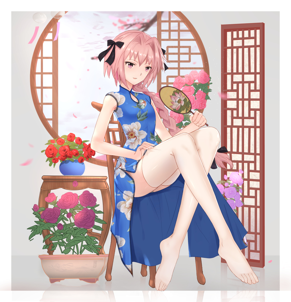 1boy alternate_costume architecture astolfo_(fate) bangs black_bow blue_dress border bow braid braided_ponytail china_dress chinese_clothes crossdressing crossed_legs dianli_xinhao dress east_asian_architecture fate/apocrypha fate/grand_order fate_(series) feet floral_print flower flower_pot full_body grey_background hair_bow hair_intakes hand_fan indoors legs long_legs male_focus no_shoes otoko_no_ko paper_fan pink_hair print_dress see-through see-through_legwear shadow shiny shiny_hair short_sleeves side_slit sidelocks sitting solo thighhighs thighs toes white_border white_thighhighs