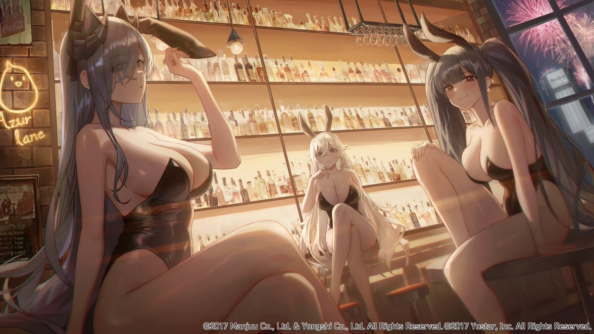 3girls animal_ears azur_lane banned_artist black_leotard blue_hair breasts character_request cleavage collarbone crossed_legs fake_animal_ears fireworks high_heels hinaki_(hinaki_0102) large_breasts leotard long_hair multiple_girls playboy_bunny rabbit_ears sitting strapless strapless_leotard very_long_hair white_hair