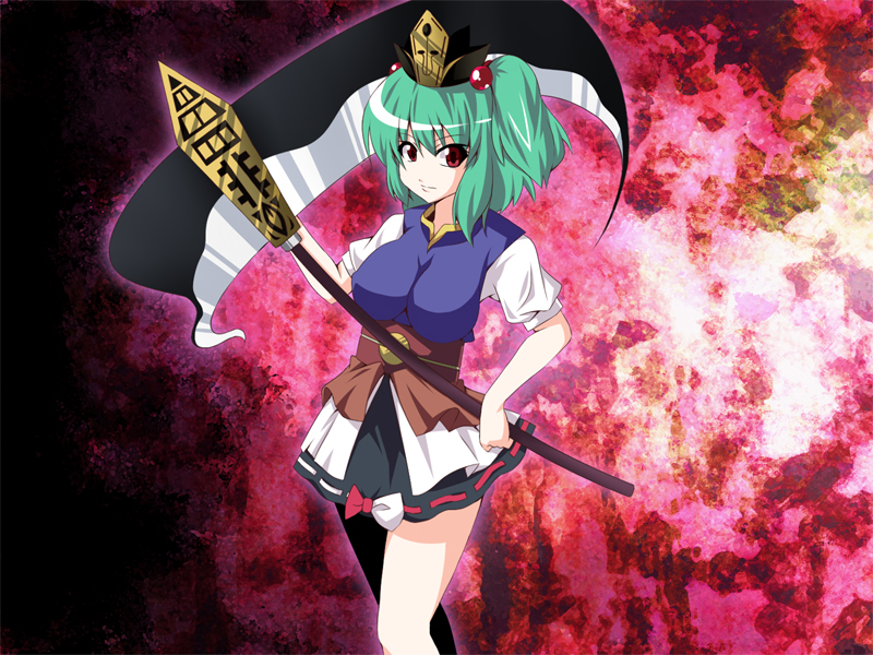 breasts fal_(falketto) fusion green_hair hair_bobbles hair_ornament huge_weapon if_they_mated impossible_clothes impossible_shirt large_breasts onozuka_komachi red_eyes rod_of_remorse scythe shiki_eiki shirt short_hair solo touhou two_side_up weapon