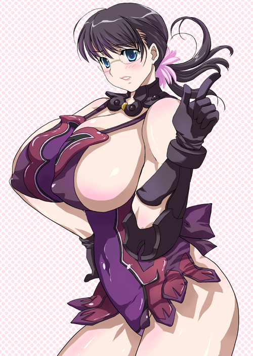 bangs bare_shoulders black_gloves black_hair blue_eyes blush breasts cattleya cleavage commentary_request covered_navel covered_nipples cowboy_shot dress from_side glasses gloves hair_ornament hand_on_hip huge_breasts index_finger_raised long_hair looking_at_viewer looking_to_the_side low_ponytail masuyama_kei mature parted_lips queen's_blade revealing_clothes rimless_eyewear short_dress sideboob solo
