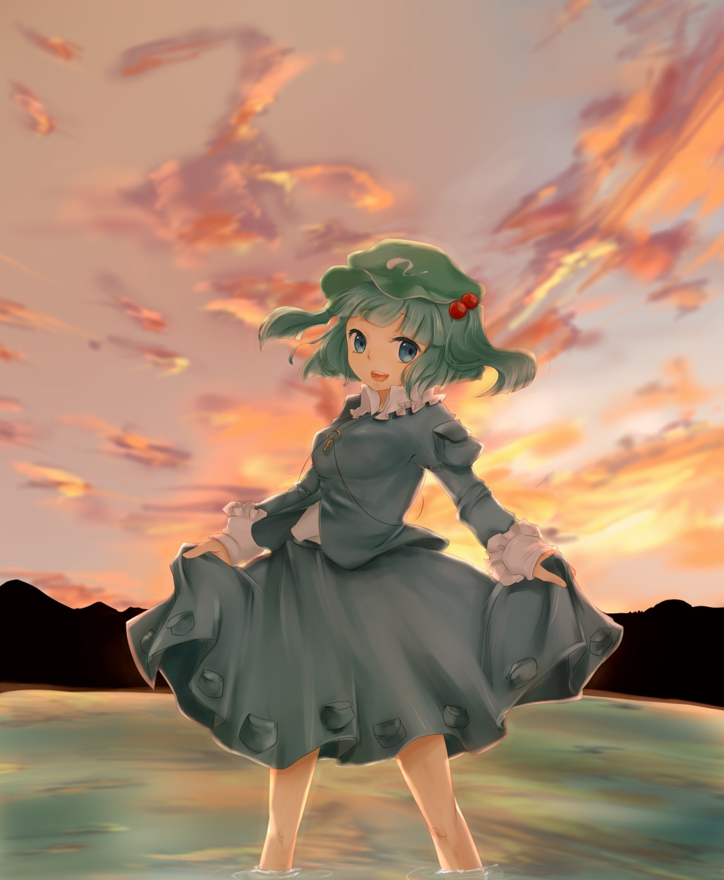 :d bad_id bad_pixiv_id blue_eyes blue_hair hair_bobbles hair_ornament hat highres kawashiro_nitori key open_mouth short_hair skirt skirt_hold sky smile solo sunset tori_(otori) touhou twintails two_side_up wading water