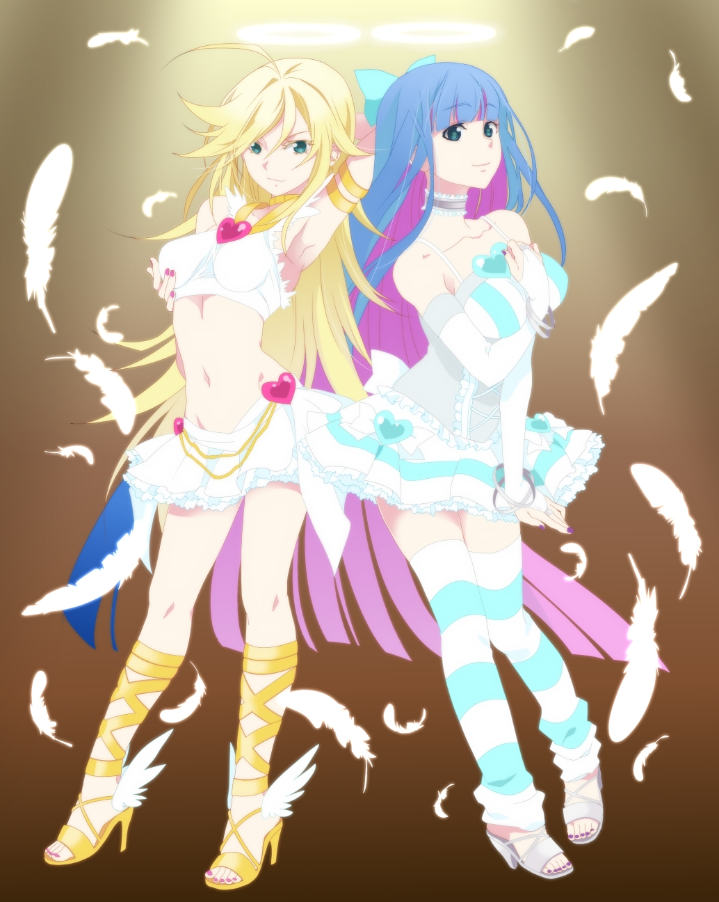 ankle_lace-up blonde_hair blue_eyes blue_hair bow cross-laced_footwear ekra feathers hair_bow high_heels highres legs long_hair midriff multiple_girls nail_polish navel panty_&amp;_stocking_with_garterbelt panty_(psg) pink_nails purple_nails shoes skirt smile stocking_(psg) striped striped_legwear thighhighs very_long_hair winged_shoes wings