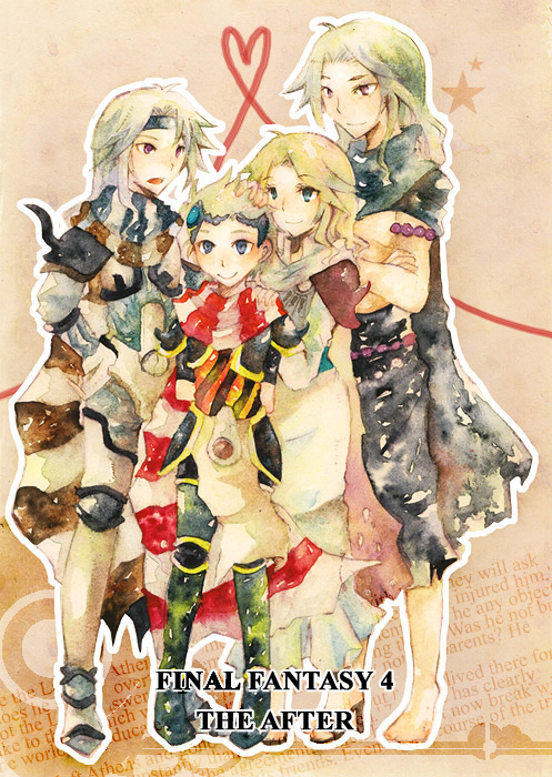 1girl 3boys age_difference armor blonde_hair blue_eyes brothers cape cecil_harvey ceodore_harvey family father_and_son female final_fantasy final_fantasy_iv final_fantasy_iv_the_after golbeza headdress husband_and_wife kotatsuki long_hair male mother_and_son multiple_boys pants purple_eyes robe rosa_farrell scarf short_hair siblings silver_hair uncle_and_nephew