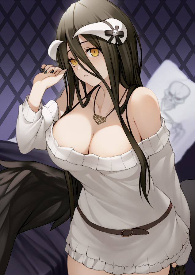 1girl albedo_(overlord) banned_artist bare_shoulders black_hair black_nails bra_strap breasts cleavage collarbone cowboy_shot dress hair_between_eyes hand_up horns kyoeiki large_breasts long_hair long_sleeves looking_at_viewer nail_polish off-shoulder_dress off-shoulder_sweater off_shoulder overlord_(maruyama) short_dress solo standing sweater sweater_dress very_long_hair white_dress white_sweater yellow_eyes