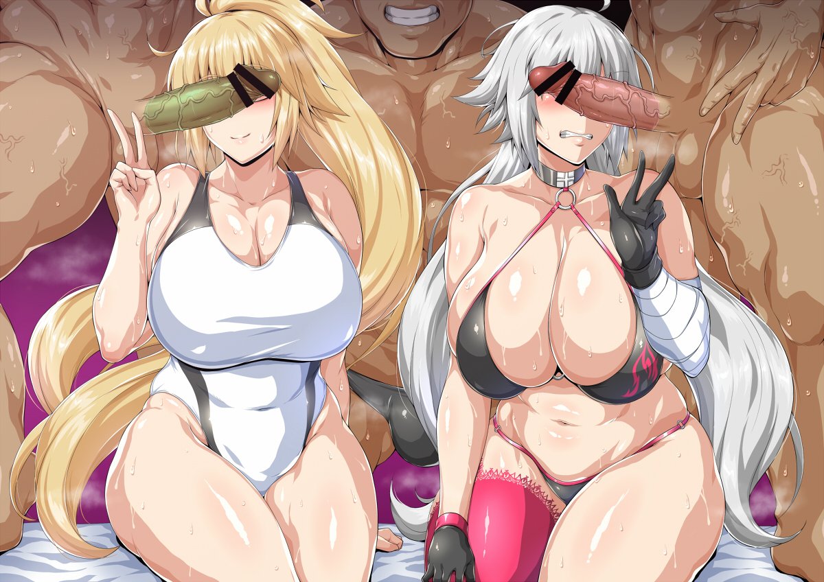 2girls 3boys bandaged_arm bandages bar_censor bed_sheet bikini black_bikini black_gloves blonde_hair blush breasts censored choker cleavage clenched_teeth closed_mouth clothed_female_nude_male condom condom_on_penis covered_navel fate/grand_order fate_(series) gloves grey_hair hetero identity_censor jeanne_d'arc_(swimsuit_archer)_(second_ascension)_(fate) jeanne_d'arc_alter_(fate) jeanne_d'arc_alter_(swimsuit_berserker)_(fate) large_breasts long_hair multiple_boys multiple_girls multiple_penises muscular muscular_male navel nude o-ring o-ring_bikini parted_lips penis penis_on_face penis_over_eyes pink_thighhighs saintshiro single_thighhigh sitting smile sweat swimsuit teeth thighhighs v very_long_hair white_one-piece_swimsuit