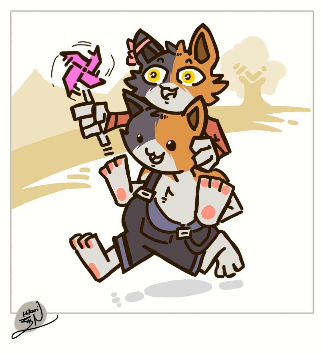 2022 3_toes 4_fingers accessory aged_down anthro barefoot black_body black_fur brother brother_and_sister calico_cat carrying child clothed clothing domestic_cat dot_eyes duo epic_games feet felid feline felis female fingers flat_colors fortnite full-length_portrait fur hair_accessory hair_ribbon happy hikariz3n holding_object holding_toy male mammal meow_skulls_(fortnite) meowscles motion_lines mottled mountain multicolored_body multicolored_fur noseless off_shoulder open_mouth orange_body orange_fur outside overalls pawpads piebald piggyback pinwheel plant portrait ribbons running sibling signature sister smile toes toy tree video_games white_body white_fur yellow_eyes young