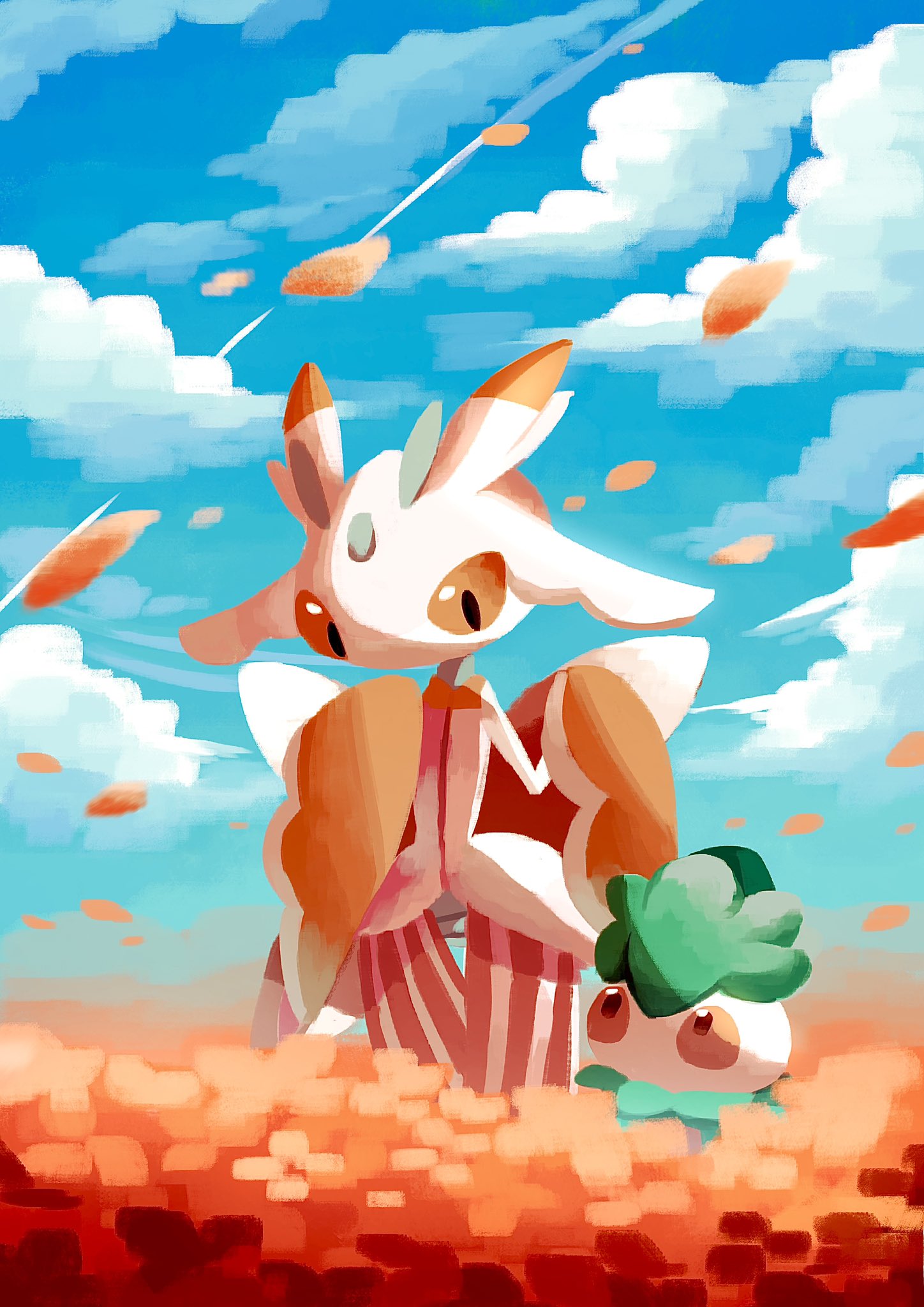 1girl antennae arthropod_girl black_eyes blue_sky cloud colored_sclera colored_skin commentary contrail day eye_contact falling_petals field flat_chest flower flower_field fomantis furry furry_female ghostpokemon94 hands_up highres looking_at_another looking_down looking_up lurantis multicolored_skin outdoors petals pokemon pokemon_(creature) red_flower red_sclera red_skin sky standing two-tone_skin white_skin
