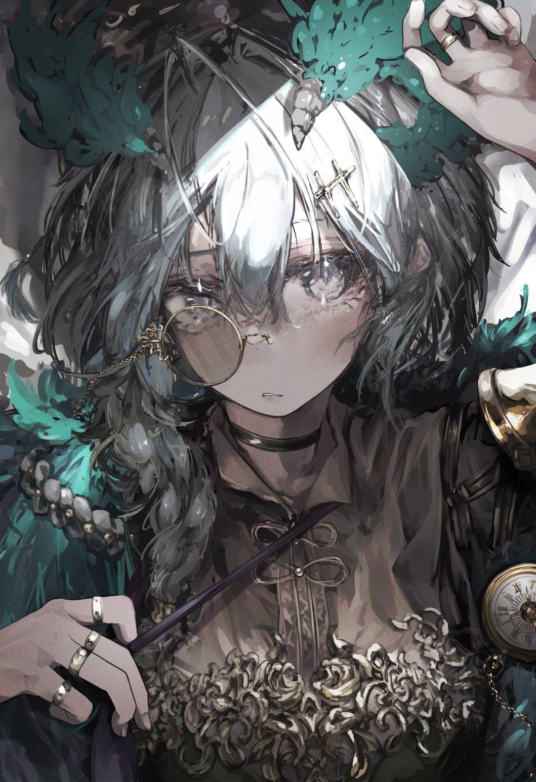 1girl :d blush braid brown_shirt choker collarbone commentary_request formal gaku gold gold_trim green_choker grey_eyes hair_between_eyes hair_ornament hand_on_forehead hand_on_own_forehead highres jewelry knot long_hair looking_at_viewer lying monocle monocle_chain necktie open_mouth original pocket_watch pulling ring shirt smile solo watch white_hair