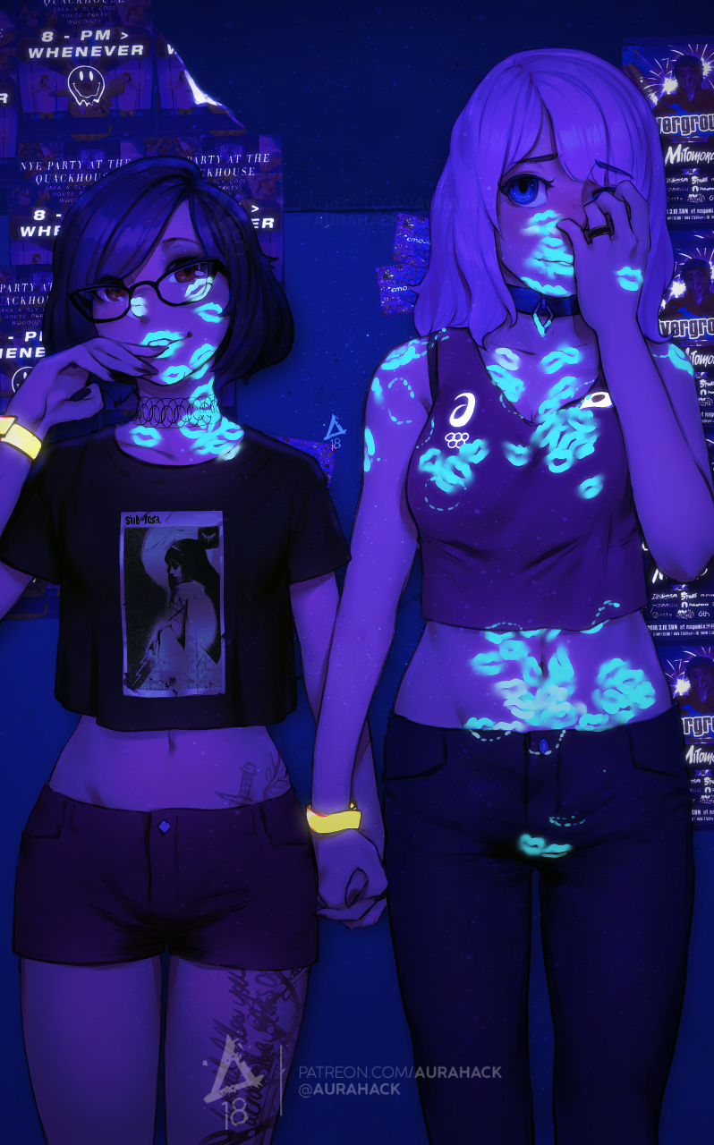 2girls aurahack bite_mark blue_eyes choker covering_face crop_top fingers_to_mouth glasses highres holding_hands implied_after_sex jewelry leg_tattoo lips lipstick_mark midriff multiple_girls nail_polish navel nightclub original pants patreon_username pink_hair poster_(object) purple_hair red_eyes ring shirt short_hair shorts t-shirt tattoo ultraviolet_light wristband yuri