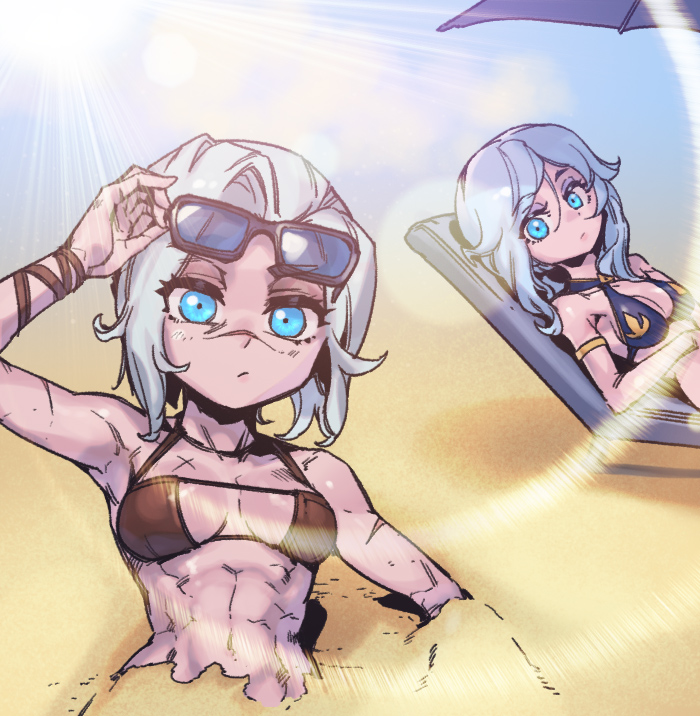 2girls ashe_(league_of_legends) bangs beach bikini black_bikini blue_eyes breasts brown_bikini cleavage eyewear_on_head green_eyes grey_hair league_of_legends long_hair looking_at_viewer lying multiple_girls on_back phantom_ix_row sand sejuani short_hair sunglasses swimsuit upper_body