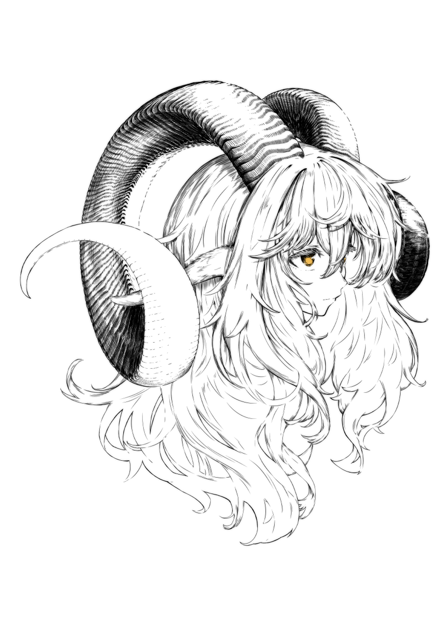 1girl bangs closed_mouth curled_horns expressionless greyscale hair_between_eyes highres horns jaco long_hair long_horns looking_away monochrome original simple_background solo spot_color white_background yellow_eyes