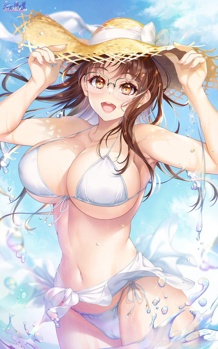 1girl :d bangs bikini blue_sky breasts brown_eyes brown_hair cameltoe cleavage cloud collarbone commentary_request day glasses hat hat_ribbon highres hoshina_tomoko hozumi_kaoru large_breasts long_hair looking_at_viewer open_mouth outdoors ribbon sarong side-tie_bikini_bottom sidelocks sky smile solo stomach straw_hat sun_hat swimsuit teeth thighs to_heart underboob upper_teeth wading water_drop watermark white_bikini