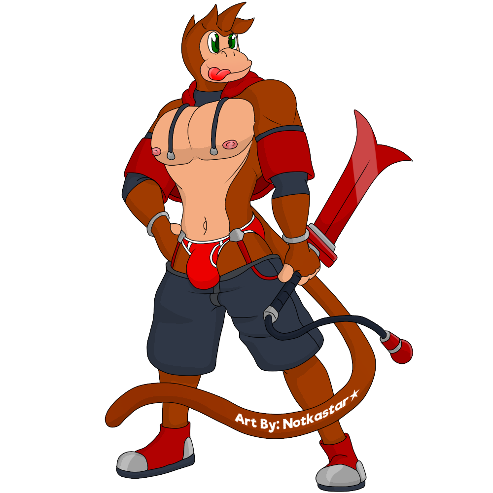 anthro bottomwear briefs bulge clothing countershading footwear haplorhine hoodie j.a.m male mammal melee_weapon monkey muscular navel nipples notkastar pecs primate shoes shorts signature solo suspenders sword tongue tongue_out topwear underwear weapon