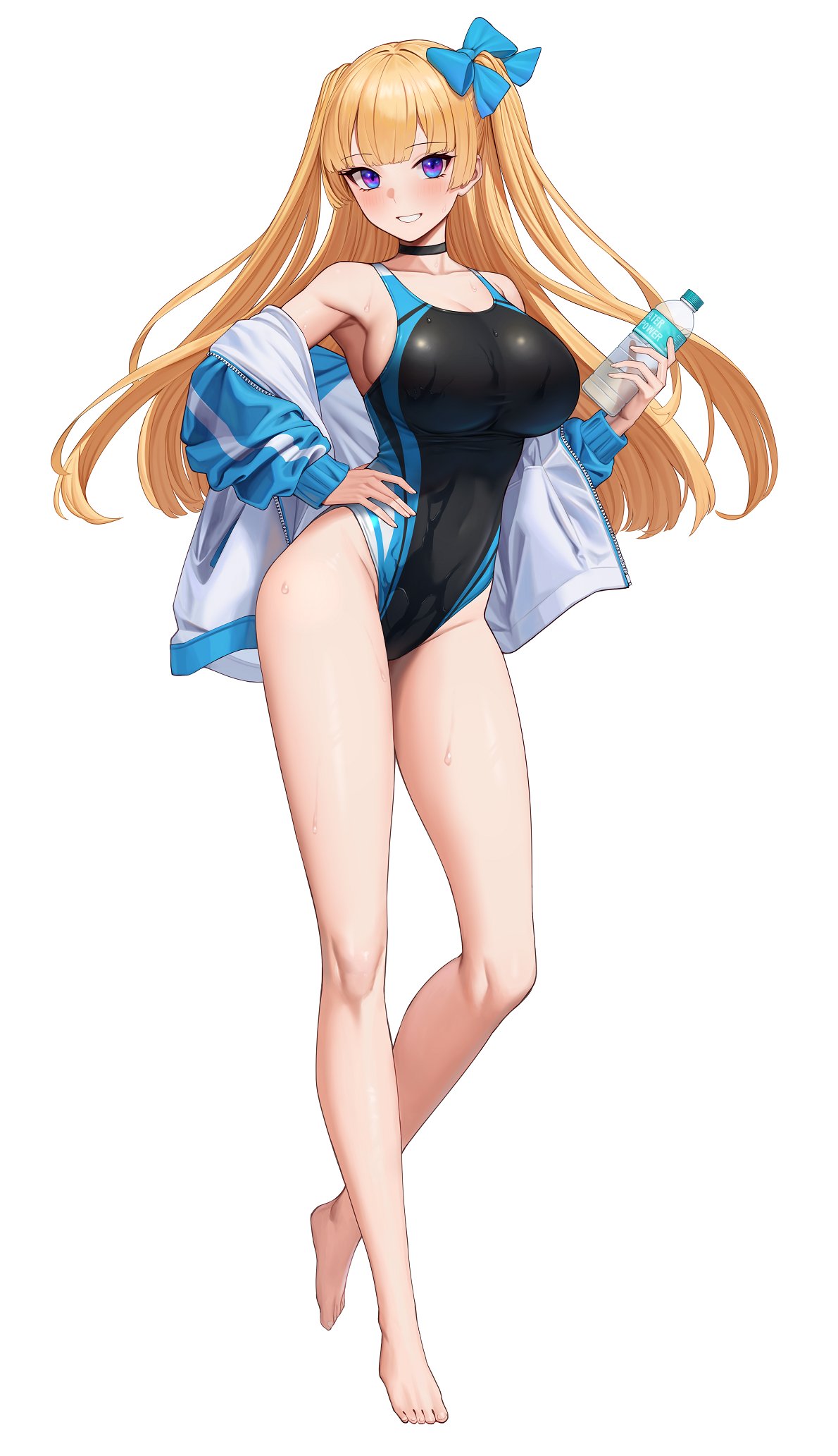 1girl barefoot black_choker black_one-piece_swimsuit blonde_hair blue_eyes blue_jacket blue_ribbon bottle breasts choker commentary_request competition_swimsuit full_body hair_ribbon hand_on_hip highres holding holding_bottle jacket large_breasts lina_(michihasu) long_hair michihasu one-piece_swimsuit original ribbon simple_background solo swimsuit toes water_bottle wet wet_clothes wet_swimsuit white_background