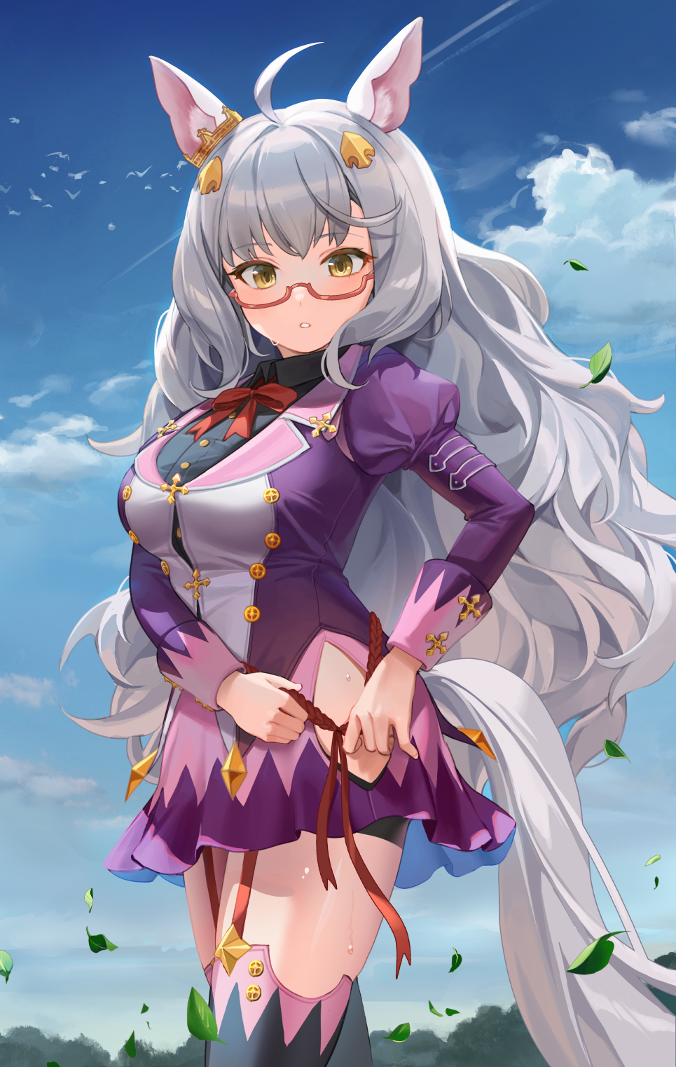 1girl animal_ear_fluff animal_ears banned_artist biwa_hayahide_(umamusume) black_thighhighs blue_sky bow bowtie breasts cloud cloudy_sky cowboy_shot day garter_straps glasses grey_hair hair_ornament hajin highres horse_ears horse_girl horse_tail leaf long_hair long_sleeves medium_breasts outdoors purple_shirt red-framed_eyewear red_bow red_bowtie semi-rimless_eyewear shirt sky solo tail thighhighs umamusume under-rim_eyewear very_long_hair wavy_hair yellow_eyes