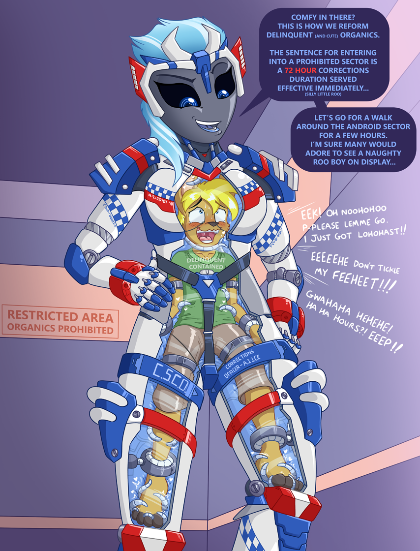 android anthro black_sclera blonde_hair blue_eyes blue_hair caroo clothing contained dialogue english_text hair helpless kangaroo machine macropod male mammal marsupial robot size_difference teasing text tickle_torture tickling