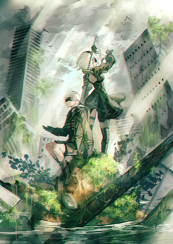 1boy 1girl bird_wings black_blindfold black_dress black_gloves black_hairband blindfold boots breasts building clothing_cutout cloud cloudy_sky dappled_sunlight dress gloves hairband leotard long_sleeves medium_breasts moss mura_karuki nier_(series) nier_automata ruins short_hair sitting sky skyscraper sunlight sword weapon white_hair wings yorha_no._2_type_b yorha_no._9_type_s