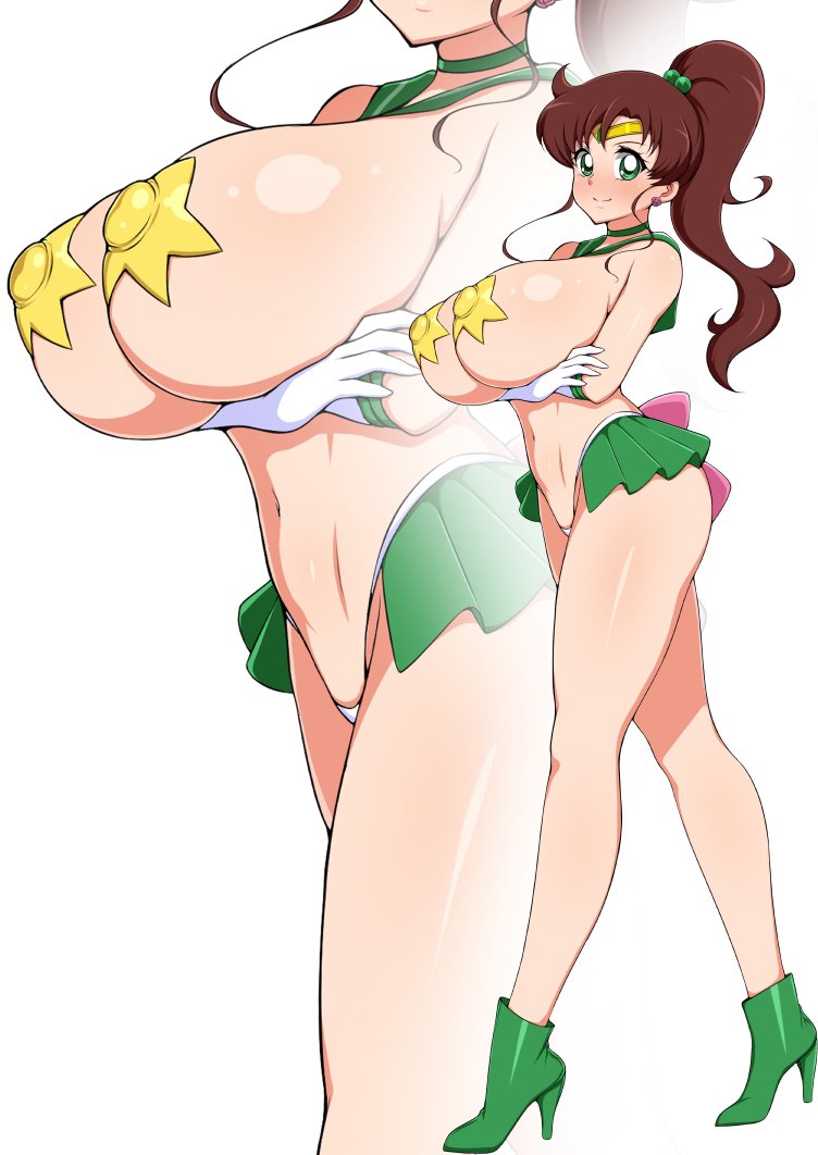 1girl bishoujo_senshi_sailor_moon blush boots breasts brown_hair choker circlet cleavage covered_nipples crossed_arms earrings gloves green_eyes high_heels jabara_tornado jewelry kino_makoto large_breasts long_hair looking_at_viewer navel pasties pleated_skirt ponytail sailor_collar sailor_jupiter simple_background skirt smile solo star_pasties white_background white_gloves zoom_layer