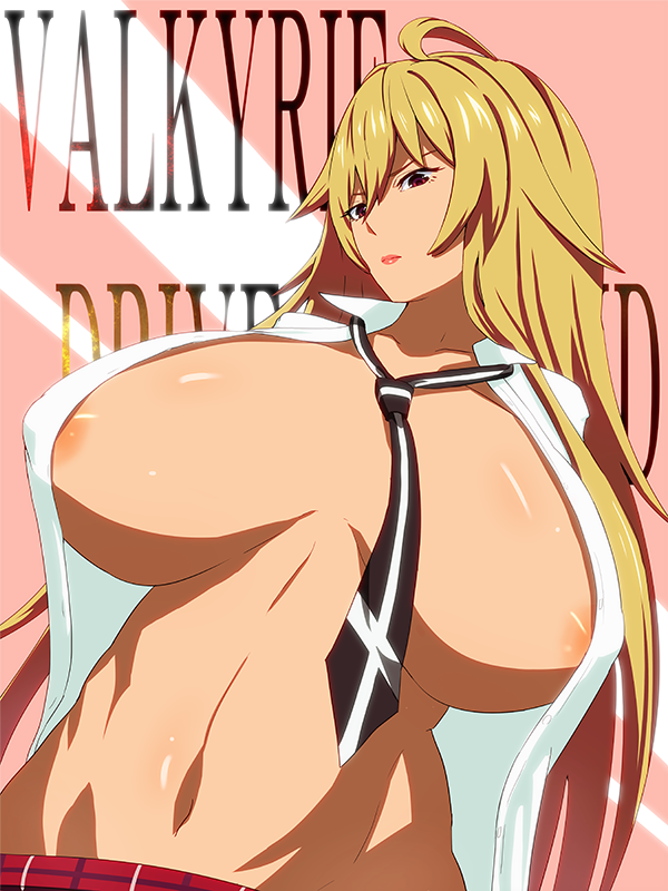 1girl areola_slip bangs black_necktie blonde_hair breasts closed_mouth collared_shirt commentary_request copyright_name expressionless gyaru hair_between_eyes head_tilt huge_breasts lips long_hair looking_at_viewer minami_koyogi navel necktie open_clothes open_shirt pink_background red_eyes red_hair red_skirt shikishima_mirei shirt skirt solo tan upper_body valkyrie_drive valkyrie_drive_-mermaid- very_long_hair white_shirt