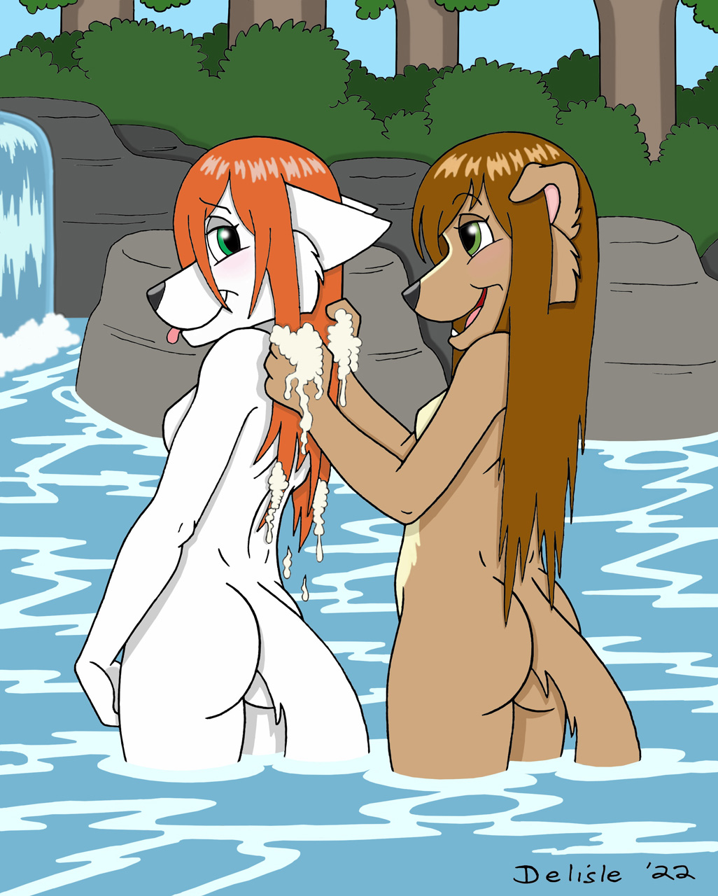 2022 4_fingers anthro assisted_bathing bathing black_nose breasts brown_body brown_fur brown_hair butt canid canine canis code_name:_hunter delisle domestic_dog duo female fingers forest fur gadel_al'gera hair hi_res long_hair looking_at_another looking_back looking_back_at_another mammal nature nude open_mouth open_smile orange_hair outside partially_submerged plant pond ruby_pyrenees signature skinny_dipping smile standing standing_in_water tongue tongue_out tree water waterfall white_body white_fur