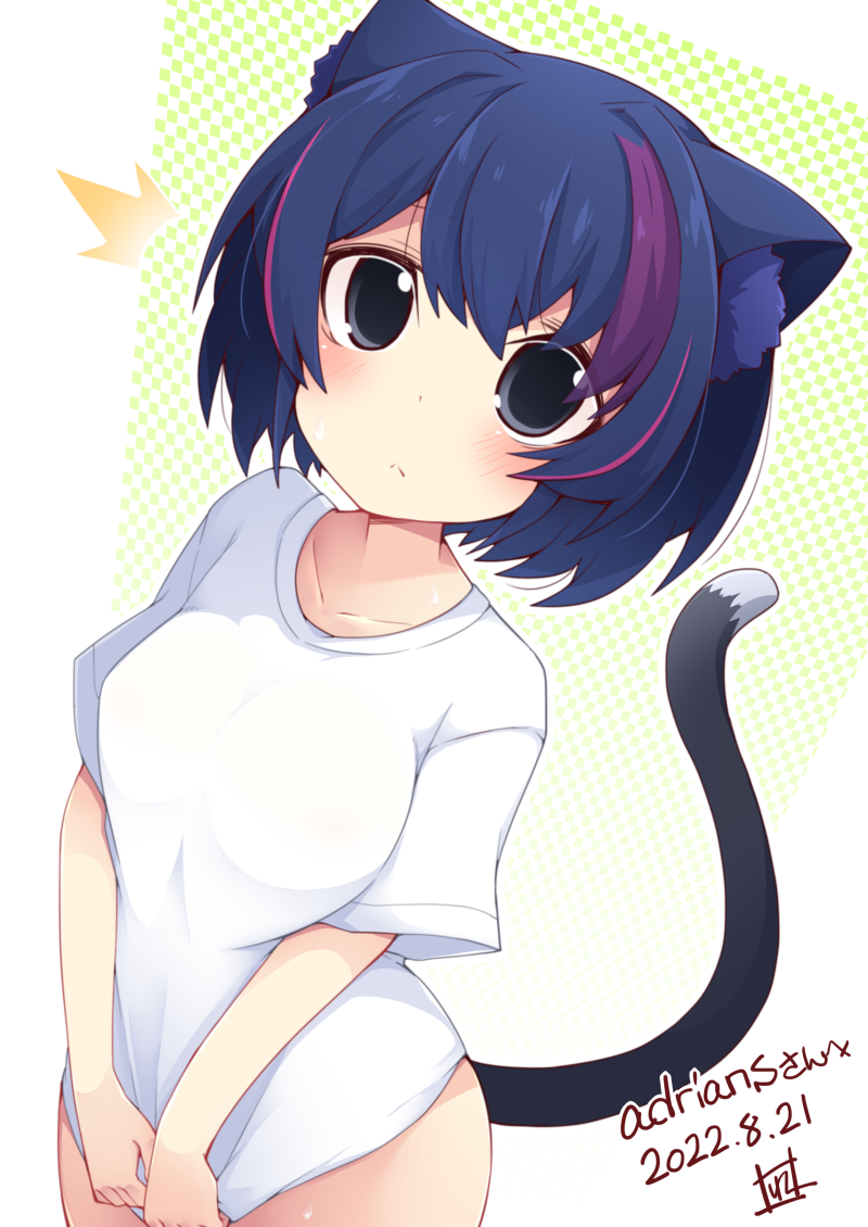 1girl ^^^ animal_ear_fluff animal_ears bangs blue_hair breasts cat_ears cat_girl cat_tail checkered_background closed_mouth commission covering covering_crotch dated grey_eyes hair_between_eyes looking_at_viewer medium_breasts multicolored_hair original purple_hair reku shirt shirt_tug short_sleeves skeb_commission solo streaked_hair tail white_shirt