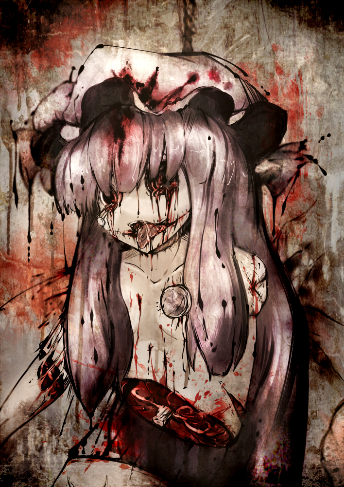 bad_id bad_pixiv_id blood deep_wound guro hat injury koohee long_hair patchouli_knowledge solo stitches tongue touhou very_long_hair