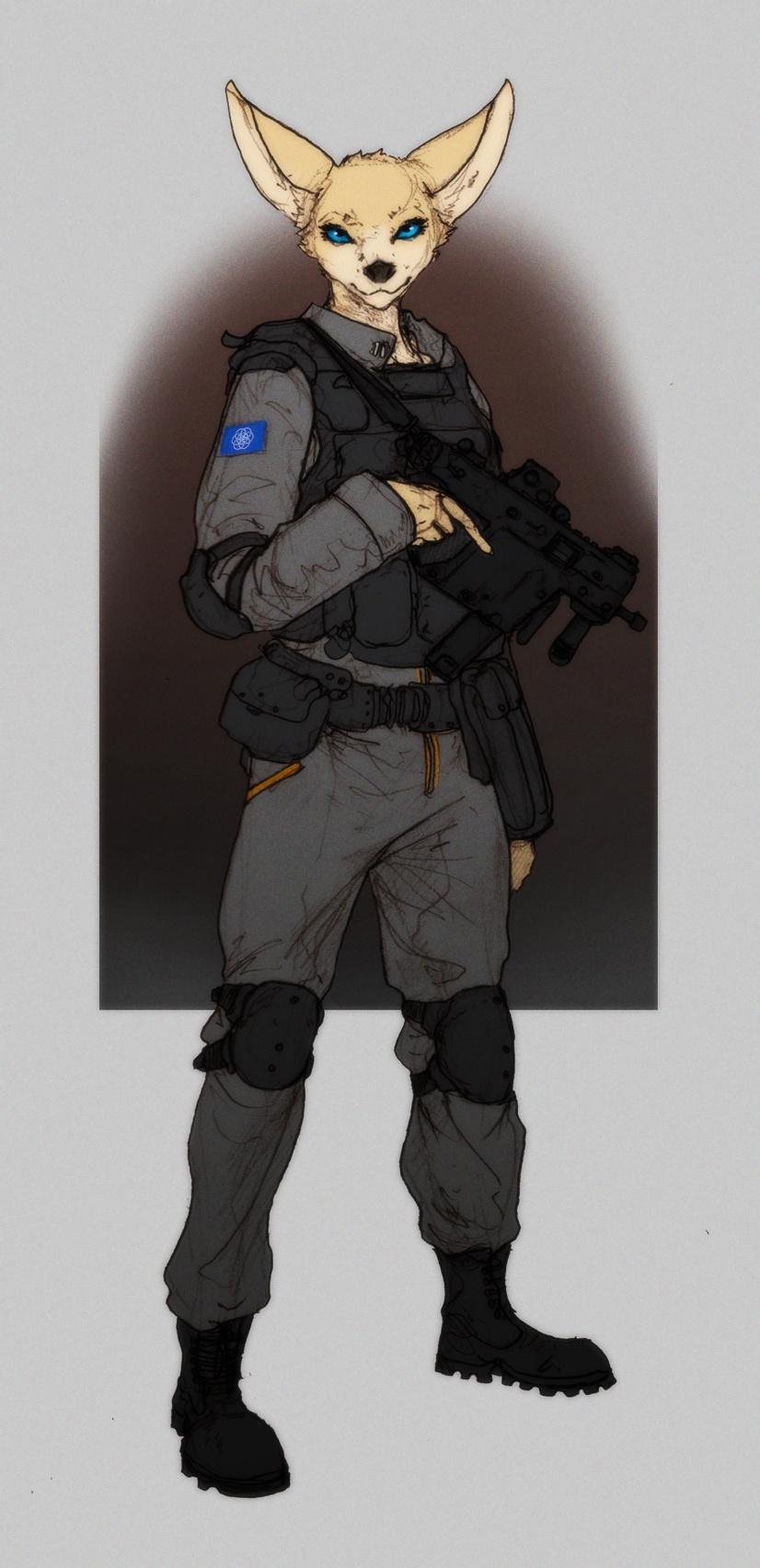 anthro armed blue_eyes boots canid canine clothing elbow_pads equipment female fennec footwear fox gun hi_res jumpsuit knee_pads lethal_doors mammal matthews(razumi) military military_uniform ranged_weapon solo uniform weapon