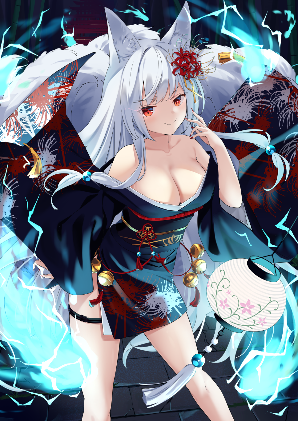 1girl animal_ear_fluff animal_ears arm_at_side bangs bare_shoulders bell breasts chisel cleavage closed_mouth collarbone commentary_request contrapposto dot_nose electricity fire fox_ears fox_girl hair_bobbles hair_ornament highres japanese_clothes jingle_bell kimono lantern large_breasts legs_apart long_bangs long_hair looking_at_viewer nail_polish off_shoulder original paper_lantern red_eyes red_nails shinko_gunsei slit_pupils smile solo spirit tassel thigh_strap thighs white_hair wide_sleeves