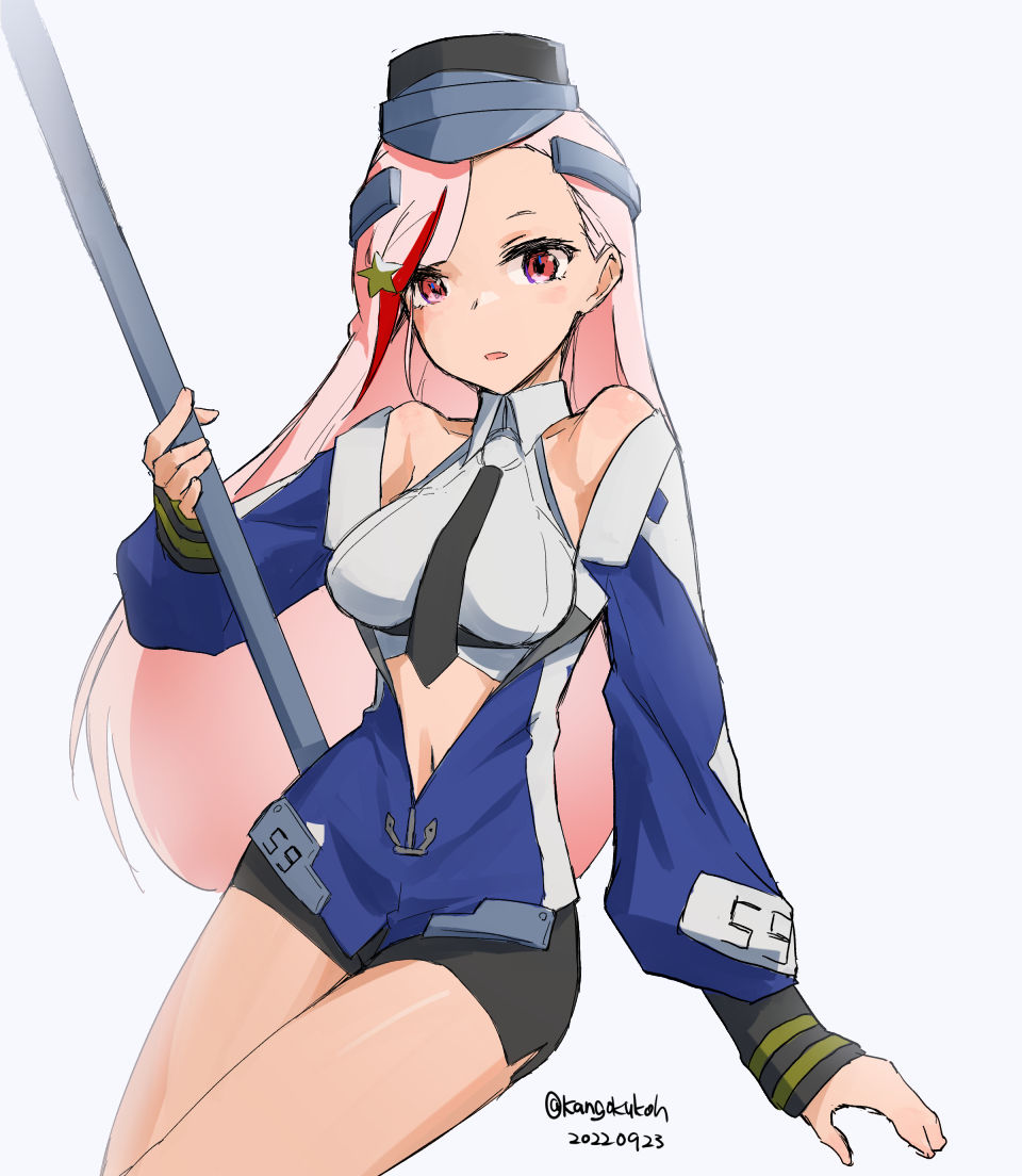 1girl black_necktie black_skirt blonde_hair blue_jacket breasts cowboy_shot dated headgear invisible_chair jacket kangoku_kou kantai_collection large_breasts long_hair looking_at_viewer massachusetts_(kancolle) midriff military military_uniform multicolored_clothes multicolored_hair multicolored_jacket necktie one-hour_drawing_challenge pencil_skirt pole red_eyes red_hair shirt simple_background sitting skirt sleeveless sleeveless_shirt solo streaked_hair twitter_username uniform white_background white_shirt