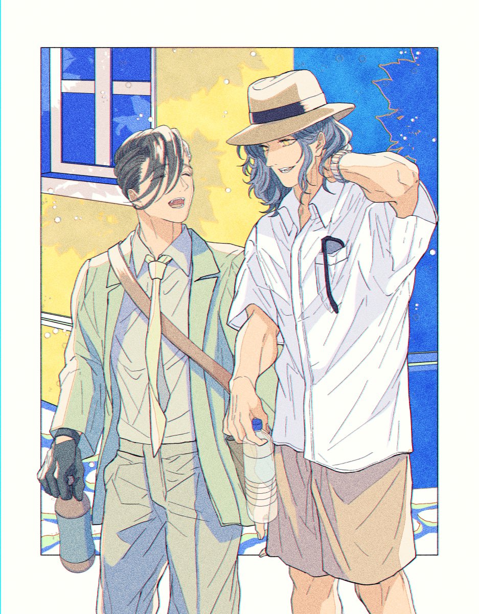 2boys :d ^_^ alternate_costume bag black_gloves black_hair blue_hair bottle brown_headwear brown_shorts closed_eyes collared_shirt contemporary dappled_sunlight eyewear_removed facing_another fangs fate/grand_order fate_(series) fedora feet_out_of_frame gloves green_jacket grey_shirt hair_over_one_eye hair_pulled_back hand_in_own_hair hat highres holding holding_bottle jacket kimiruun long_sleeves looking_at_another male_focus medium_hair multiple_boys necktie outside_border pants saitou_hajime_(fate) saitou_hajime_(third_ascension)_(fate) shirt short_hair short_sleeves shorts shoulder_bag smile sunglasses sunlight teeth wall watch wavy_hair white_shirt window wristwatch yamanami_keisuke_(fate) yellow_eyes yellow_necktie yellow_pants
