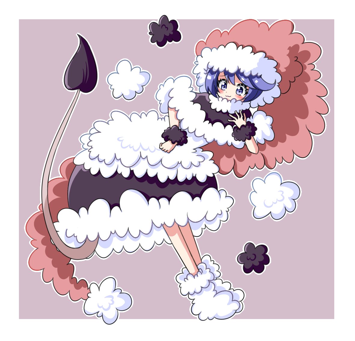 1girl blue_eyes blue_hair doremy_sweet dress fluffy hat multicolored_clothes multicolored_dress nightcap nightgown pom_pom_(clothes) red_headwear short_hair solo tail tapir_tail too_much_fluff touhou zenji029