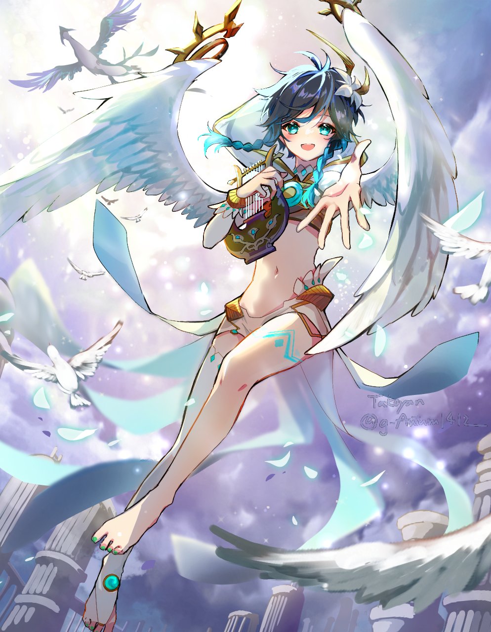1boy :d alternate_form angel_wings bangs bird blue_hair blue_ribbon braid chest_tattoo cropped_shirt detached_sleeves dragon dvalin_(genshin_impact) falling_feathers feathered_wings feathers floating_hair flower full_body genshin_impact gold_trim green_eyes hair_flower hair_ornament highres holding holding_instrument hood hood_down instrument leg_tattoo lyre male_focus medium_hair midriff navel official_alternate_costume open_mouth outdoors outstretched_arm outstretched_hand petals pillar ribbon ripples shirt short_shorts shorts side_braids sleeveless sleeveless_shirt smile solo takoyan_(g_autumn) tattoo thighhighs turtleneck twin_braids twitter_username venti_(genshin_impact) white_flower white_shorts white_thighhighs wings