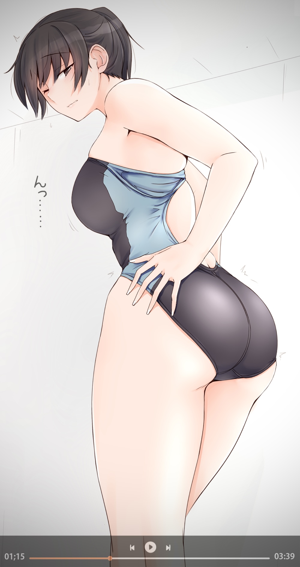 1girl amagami ass bangs black_eyes black_hair breasts commentary_request competition_swimsuit hand_on_own_ass highres long_hair looking_at_viewer medium_breasts nervous one-piece_swimsuit one_eye_closed ponytail sasaki_akira_(ugc) solo standing swimsuit translation_request tsukahara_hibiki