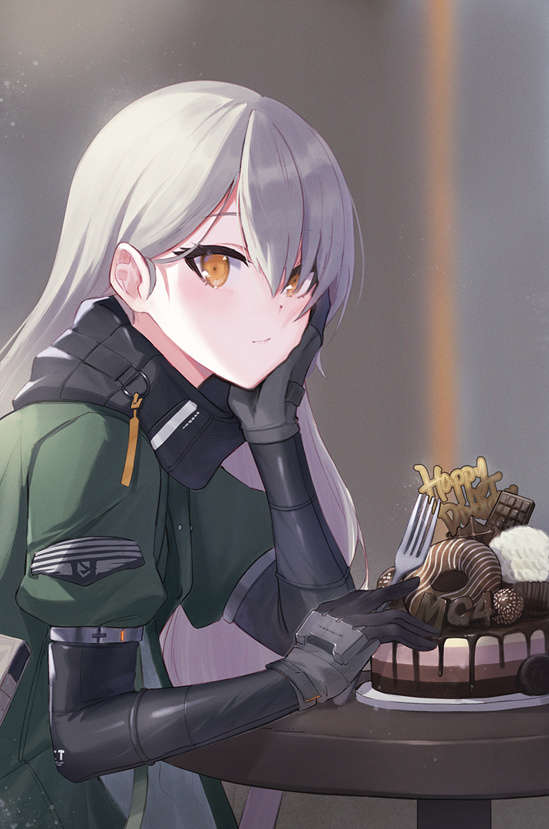 1girl bangs black_gloves blurry blurry_background cake candy character_name chocolate chocolate_bar closed_mouth dessert doughnut elbow_rest food fork girls'_frontline gloves green_jacket hair_behind_ear hair_between_eyes happy_birthday head_on_hand head_rest highres holding jacket long_hair long_sleeves looking_at_viewer mg4_(girls'_frontline) ranyu sitting solo table truffle upper_body yellow_eyes