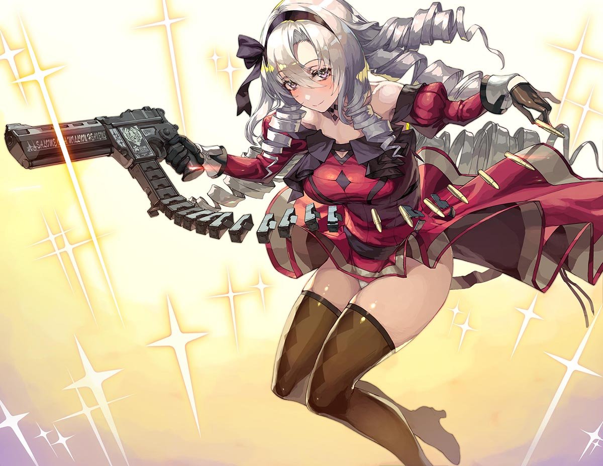 1girl black_gloves black_hairband breasts brown_thighhighs closed_mouth commentary_request detached_sleeves dress drill_hair gloves gun hair_between_eyes hair_ornament hairband holding holding_gun holding_weapon hyakumantenbara_salome large_breasts long_hair looking_at_viewer nijisanji nishii_(nitroplus) red_dress red_sleeves smile solo thighhighs thighs virtual_youtuber weapon white_hair