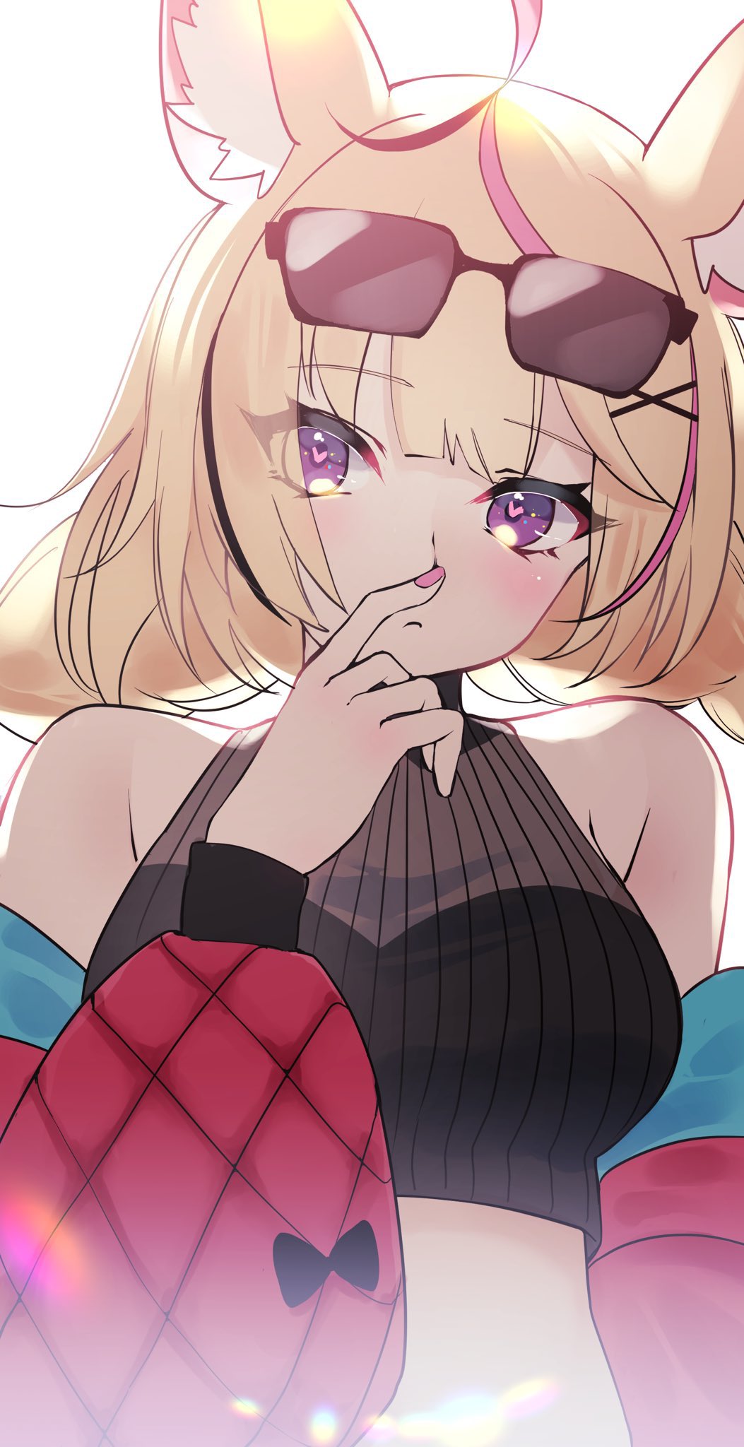1girl animal_ear_fluff animal_ears bare_shoulders black_shirt blonde_hair blush braid breasts closed_mouth crop_top eyewear_on_head fox_ears heart heart-shaped_pupils highres hololive jacket large_breasts light_blush long_hair long_sleeves looking_at_viewer midriff multicolored_hair off_shoulder omaru_polka propeller purple_eyes ribbed_shirt shirt simple_background sleeveless sleeveless_shirt solo streaked_hair sunglasses symbol-shaped_pupils turtleneck twin_braids upper_body virtual_youtuber white_background yuuppi