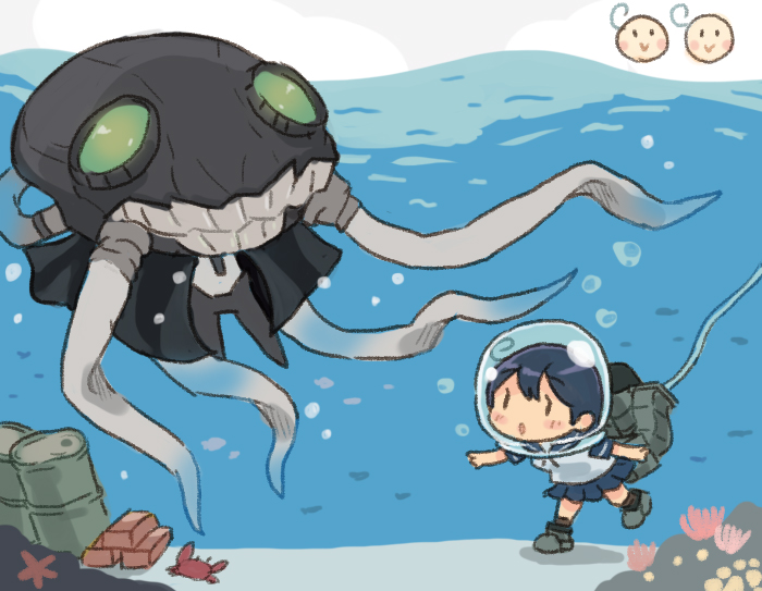 1girl abyssal_ship ahoge black_hair blue_sailor_collar blue_skirt commentary_request drum_(container) fishbowl_helmet full_body kantai_collection long_hair looking_at_viewer partially_underwater_shot pleated_skirt saiguchi_otoufu sailor_collar school_uniform serafuku skirt solo steel_ingot tentacles underwater ushio_(kancolle) wo-class_aircraft_carrier