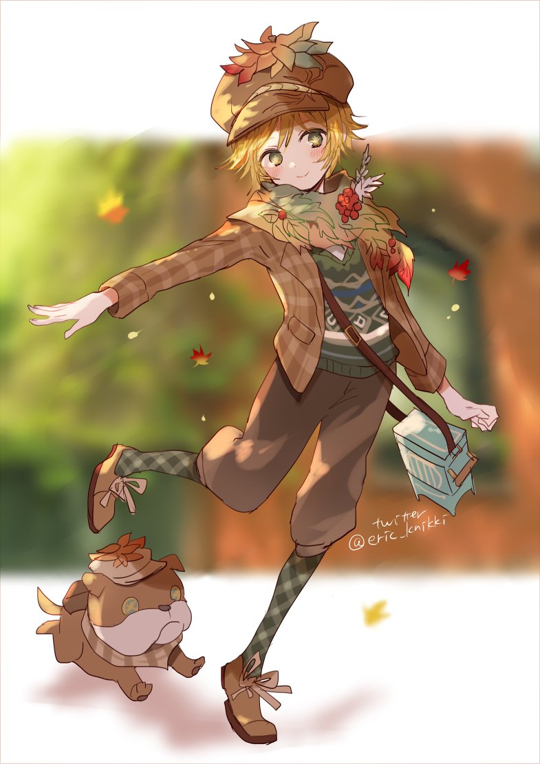 1boy bag blonde_hair blue_bag blurry blurry_background blush brown_jacket brown_pants dog eric_knikki full_body ginkgo_leaf green_eyes identity_v jacket leaf long_sleeves looking_at_viewer male_focus official_alternate_costume outstretched_arm pants plaid plaid_jacket plaid_legwear satchel scarf short_hair smile solo sweater_vest symbol-shaped_pupils twitter_username victor_grantz victor_grantz_(autumn_reverie) wick_(identity_v) yellow_pupils