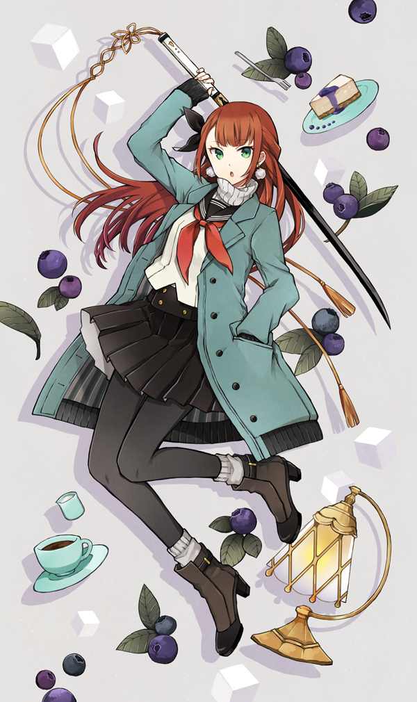 1girl bangs black_ribbon black_skirt blue_coat blueberry boots brown_footwear brown_hair buzz cake coat cup earrings food fruit full_body green_eyes grey_background hair_ribbon hand_in_pocket high_heel_boots high_heels holding holding_sword holding_weapon jewelry katana lamp long_hair long_sleeves looking_at_viewer neckerchief open_clothes open_coat open_mouth original pantyhose plate pleated_skirt pom_pom_(clothes) pom_pom_earrings red_neckerchief ribbon school_uniform serafuku simple_background skirt solo sugar_cube sword teacup touran-sai turtleneck weapon