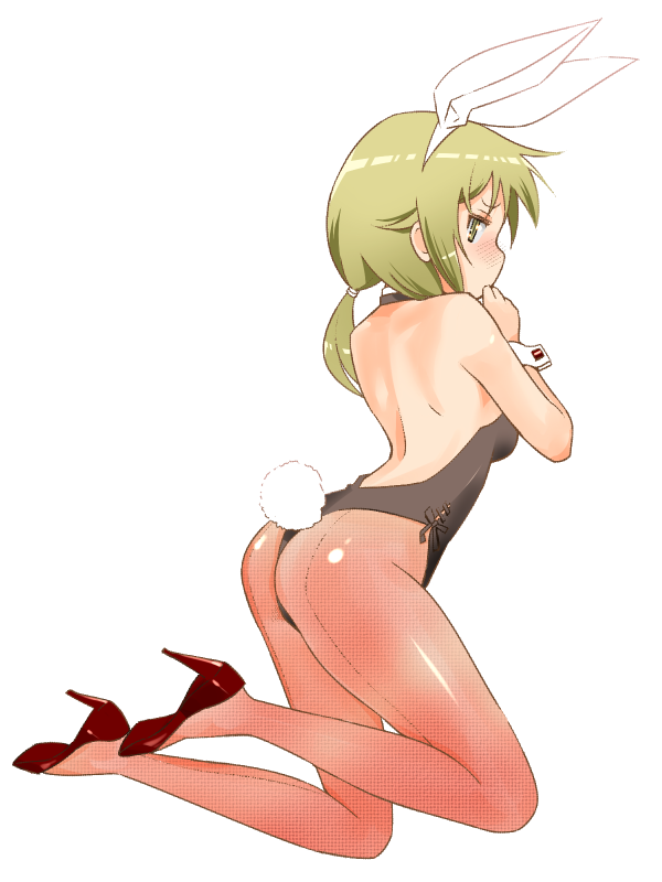 1girl afunai animal_ears backless_leotard breasts fake_animal_ears fake_tail from_behind full_body green_eyes green_hair high_heels ichii_yui leotard low_twintails playboy_bunny rabbit_ears rabbit_tail small_breasts solo tail thong_leotard twintails wrist_cuffs yuyushiki