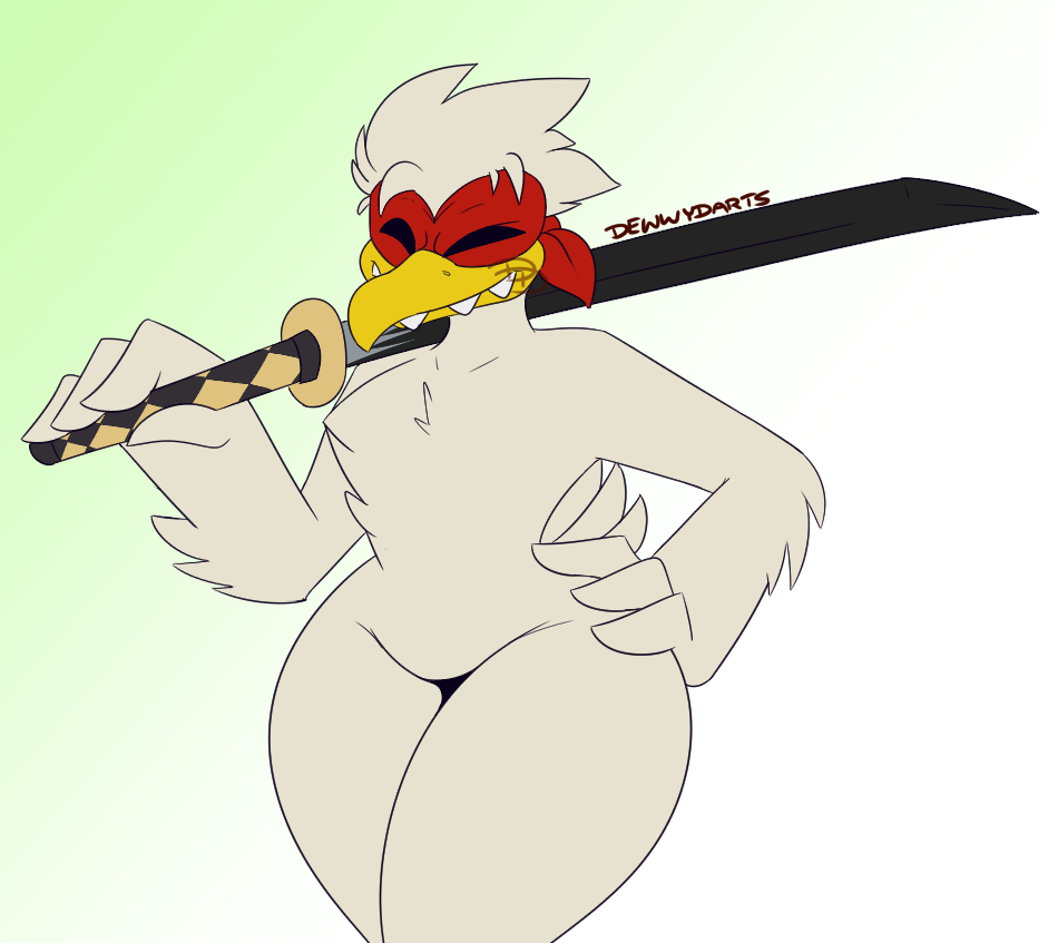 2020 anthro avian beak bird chicken chicken_(nuclear_throne) dewwydarts feathers female galliform gallus_(genus) gradient_background hair hand_on_hip holding_katana holding_melee_weapon katana melee_weapon nuclear_throne phasianid sharp_teeth simple_background solo sword teeth thick_thighs weapon white_body white_feathers white_hair wide_hips