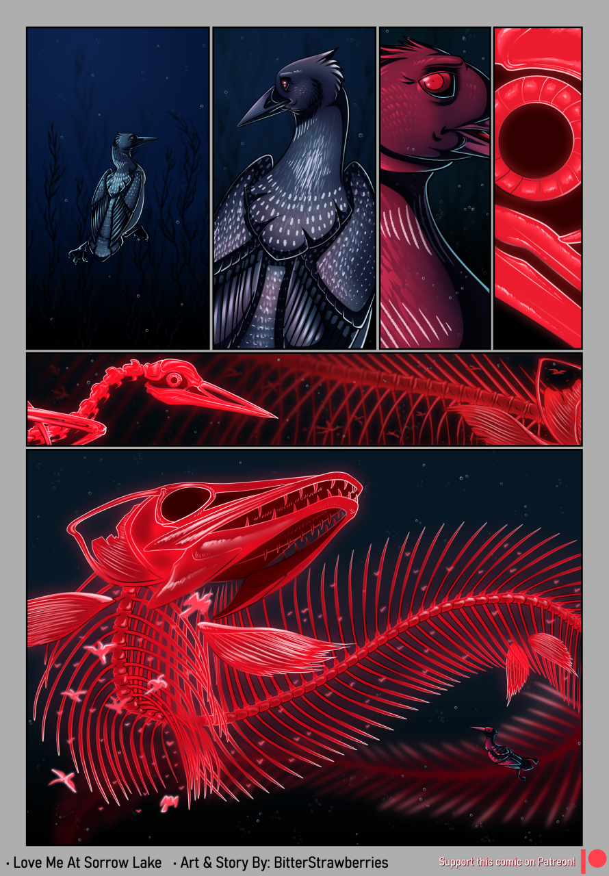 behind_view bitterstrawberries bone bubble comic female feral ghost glowing glowing_body group hi_res hybrid looking_back loon lunge_(bitterstrawberries) plant scared skeleton spirit underwater water zandra_(bitterstrawberries)