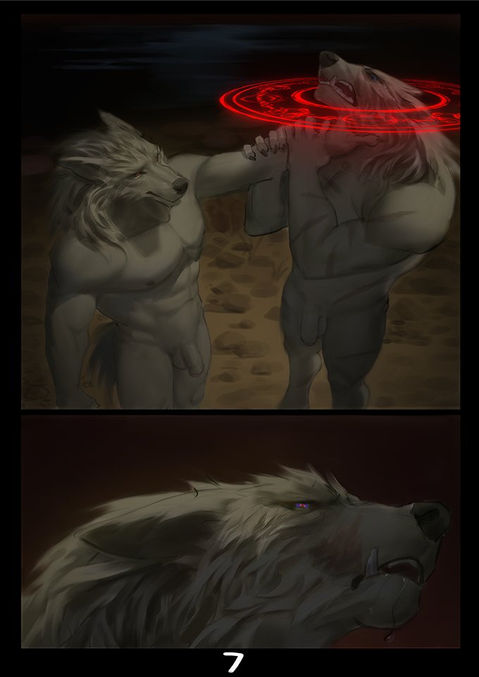 anthro blaidd_(elden_ring) canid canine canis comic duo elden_ring fangs flaccid foreskin fromsoftware genitals holding_by_neck magic magic_circle male male/male mammal penis red8ean scar video_games wolf
