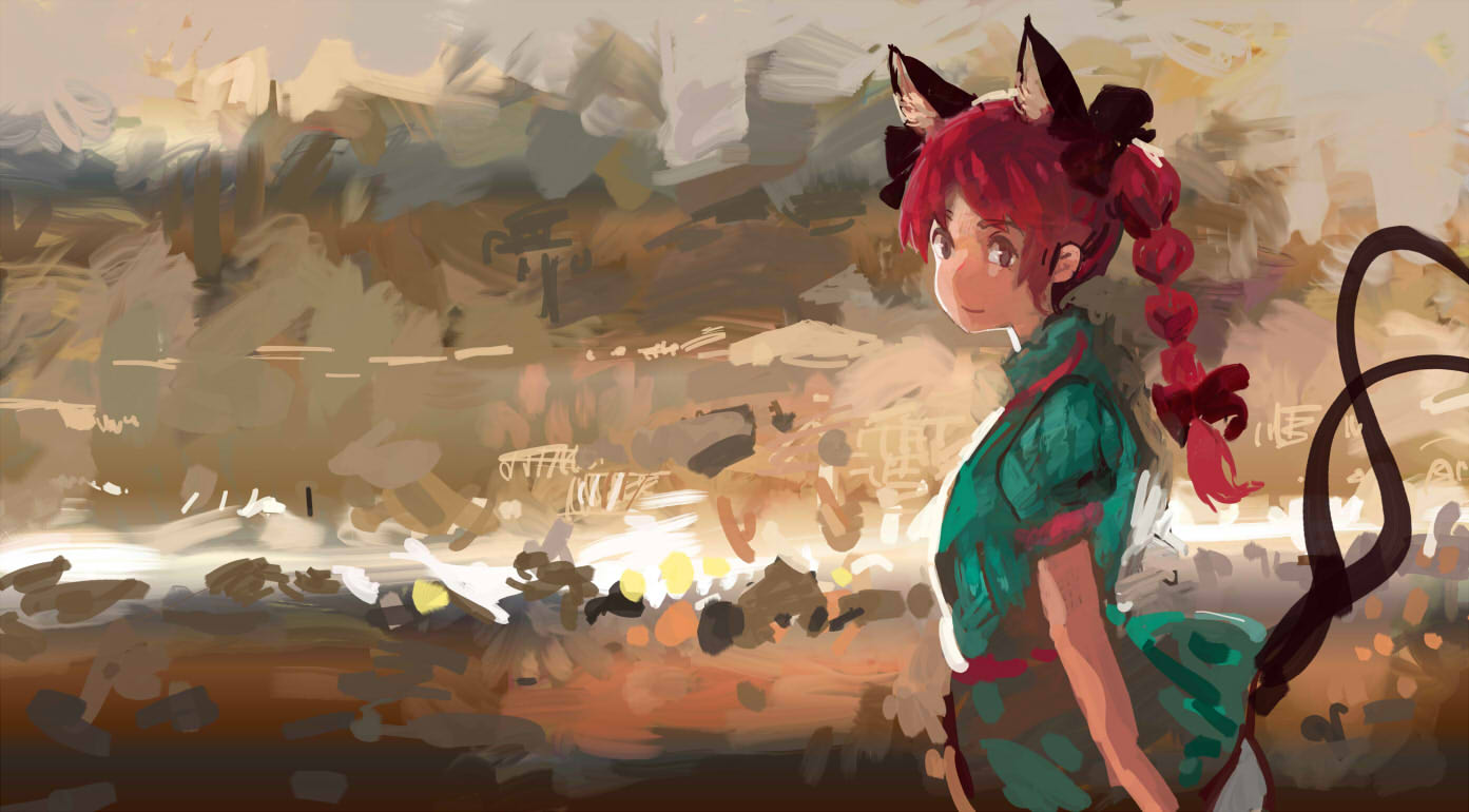 1girl animal_ears bow braid cat_ears cat_tail dress green_dress hair_bow kaenbyou_rin light_smile looking_at_viewer multiple_tails nekomata onion_(onion_and_pi-natto) red_eyes red_hair solo tail touhou twin_braids two_tails